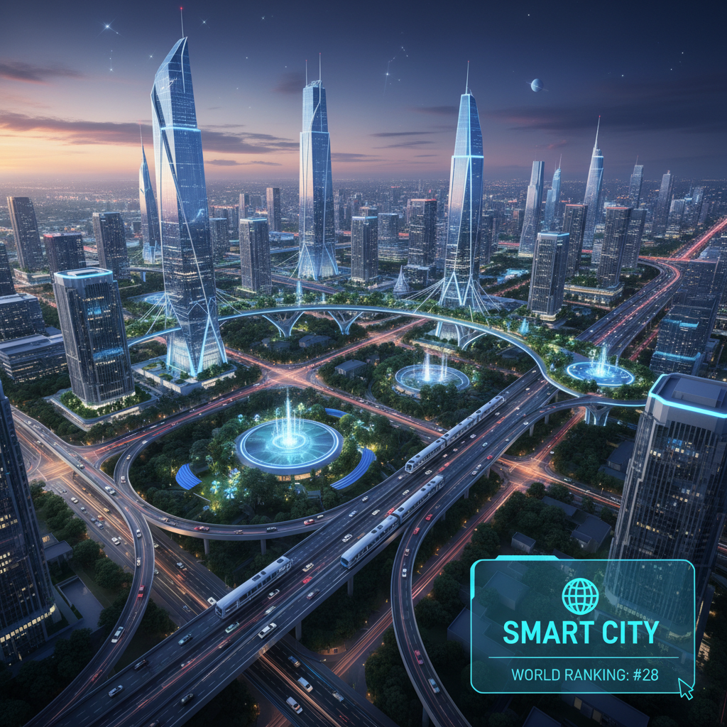 Futuristic smart city skyline at night with glowing blue towers, dark atmospheric environment, neon-lit streets below, deep shadows