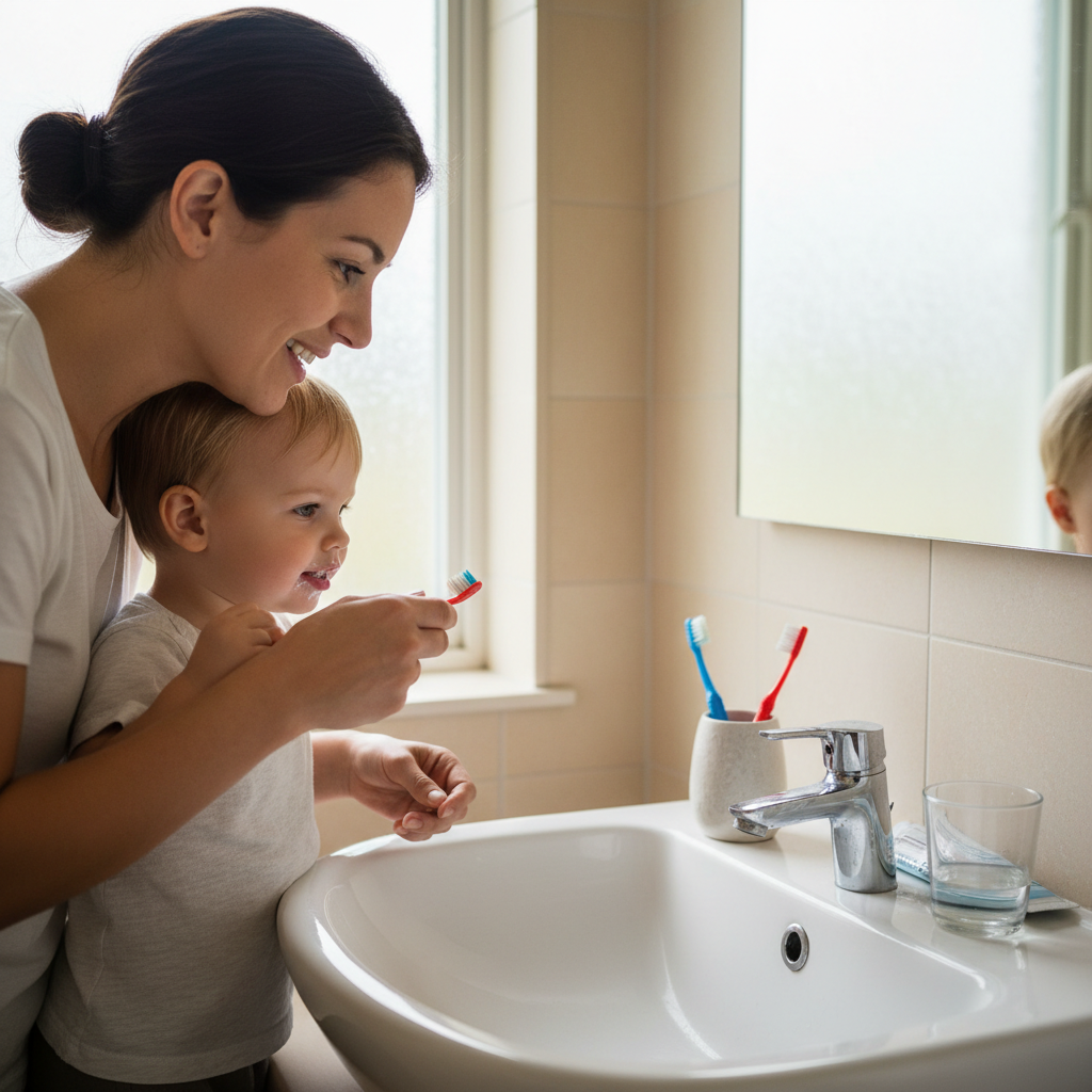 Parent helping young child brush teeth at bathroom sink