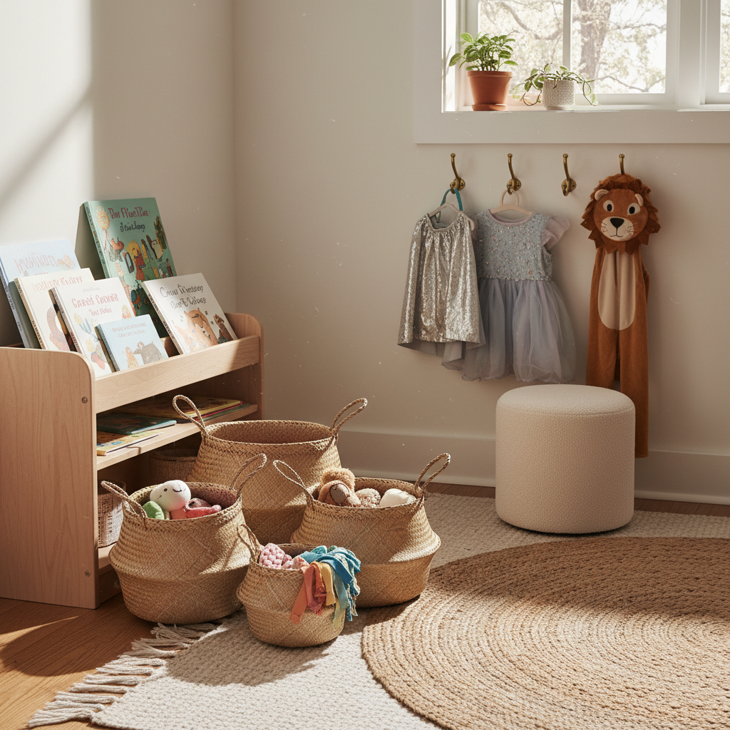 Sun-drenched children's room with woven baskets, low wooden bookshelf with picture books fanned out, and a small dress-up corner with child-height hooks in warm golden light