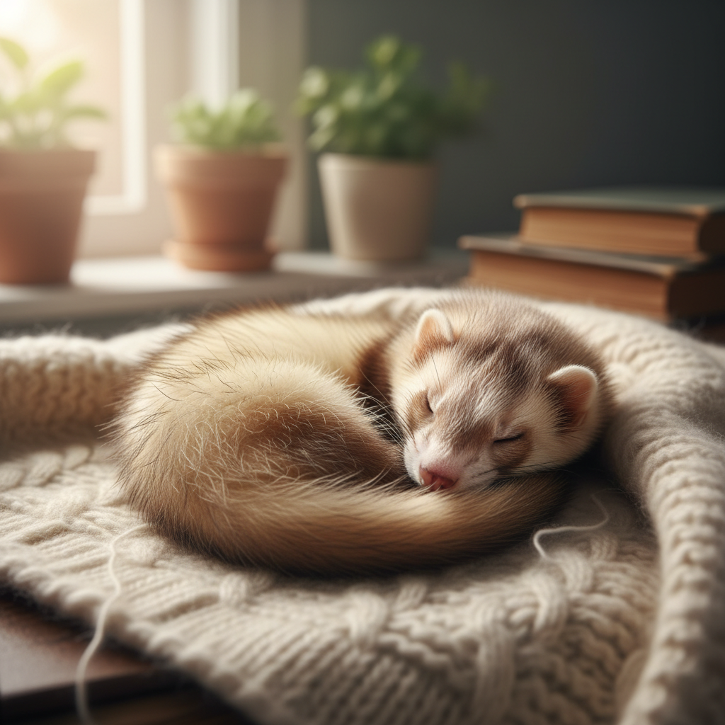 Ziggy the ferret sleeping peacefully curled into a crescent shape