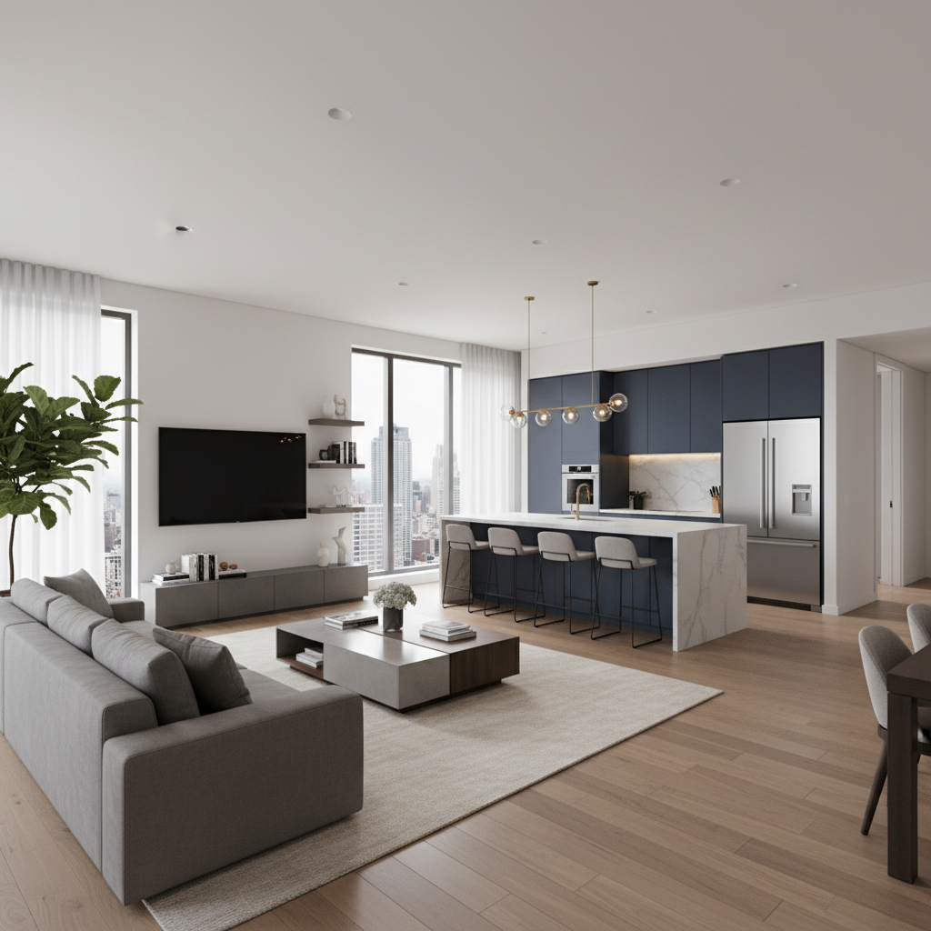 Spacious 3BHK flat with modern kitchen and open living area with city view