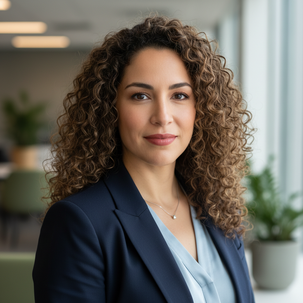 Hispanic woman with curly brown hair wearing professional attire in bright studio
