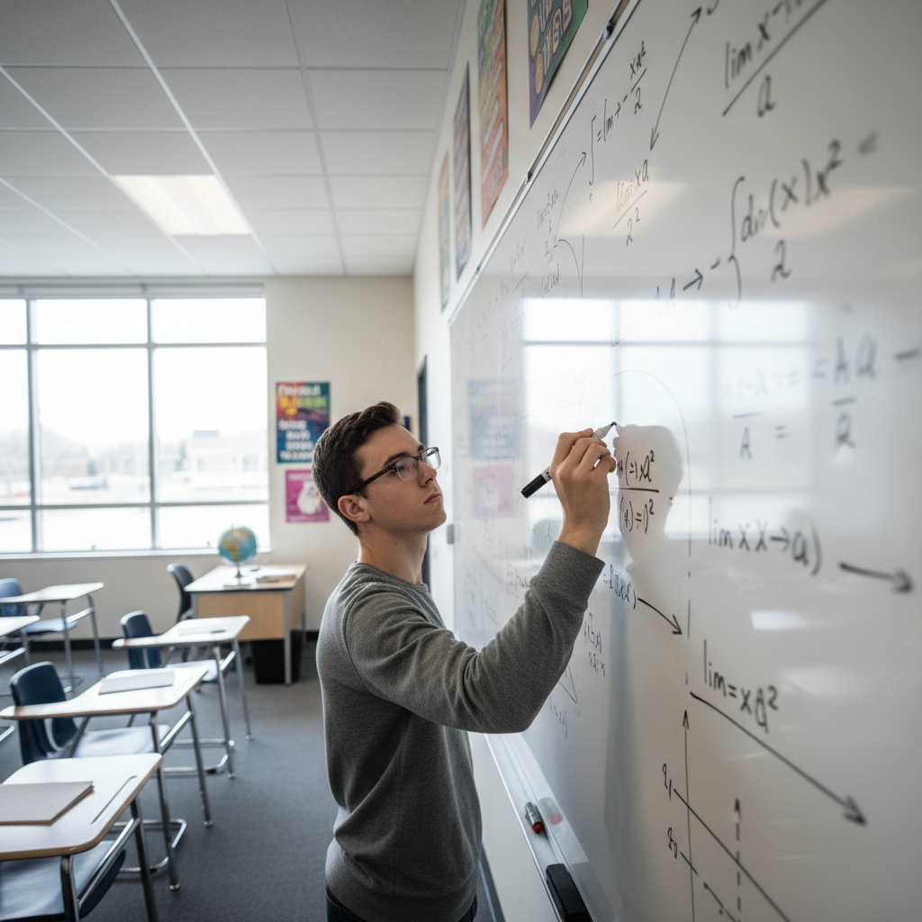 Student writing mathematical equations on a whiteboard in a study room