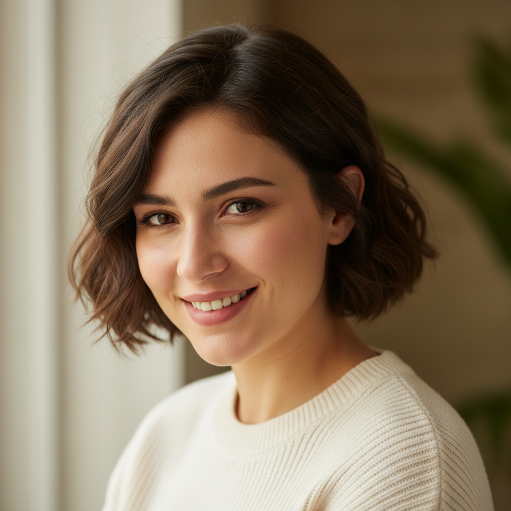 Smiling Turkish woman with dark hair, warm natural light portrait