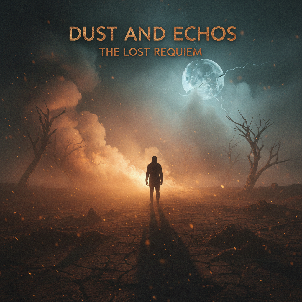Dark moody album art with dramatic shadows, deep blacks, amber light rays