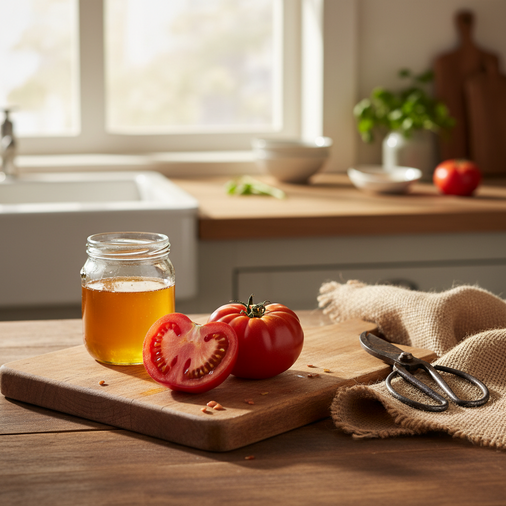 Wooden cutting board holding split heirloom tomato, jar of raw honey catching window light, pruning shears on folded burlap