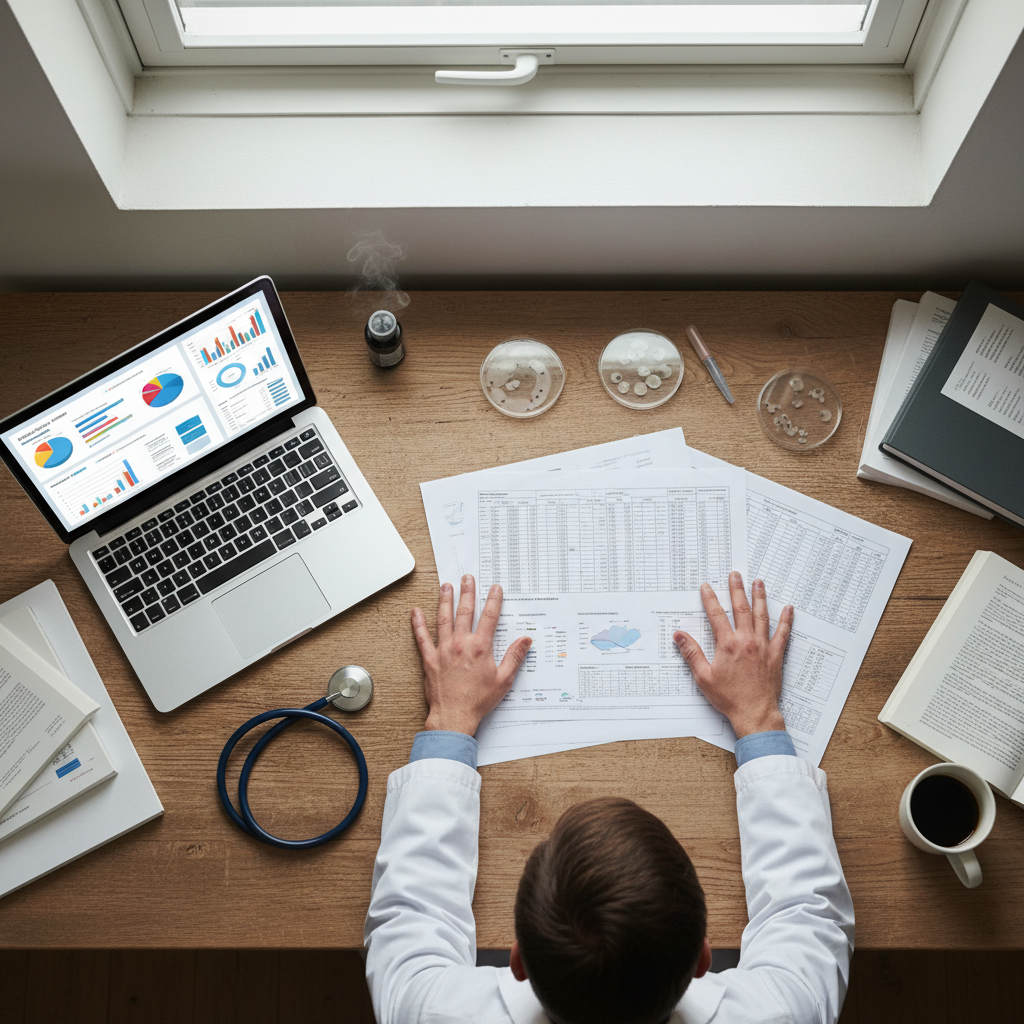 Medical researcher arranging data printouts on a wooden desk with stethoscope and laptop showing a funding dashboard, shot from above with shallow depth of field
