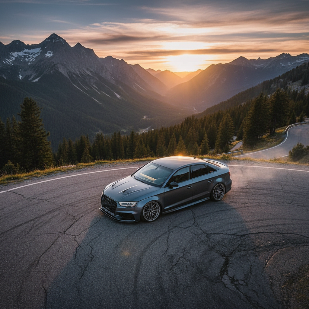 Tuned Audi RS3 on a mountain road at dusk, drone footage pulling back to reveal alpine landscape