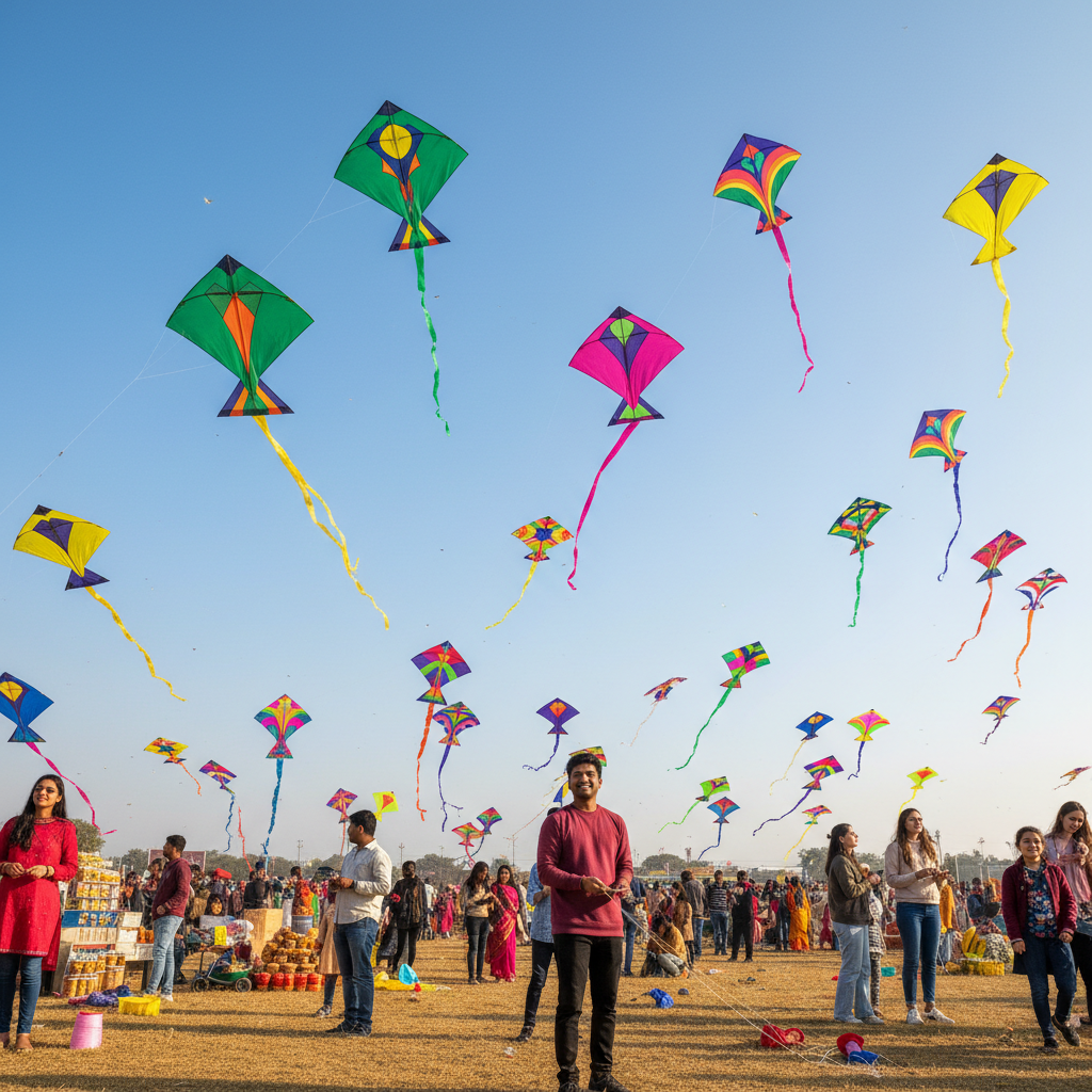 Colorful kites flying against bright blue sky at Uttarayan festival, vibrant reds, greens and yellows, aerial view