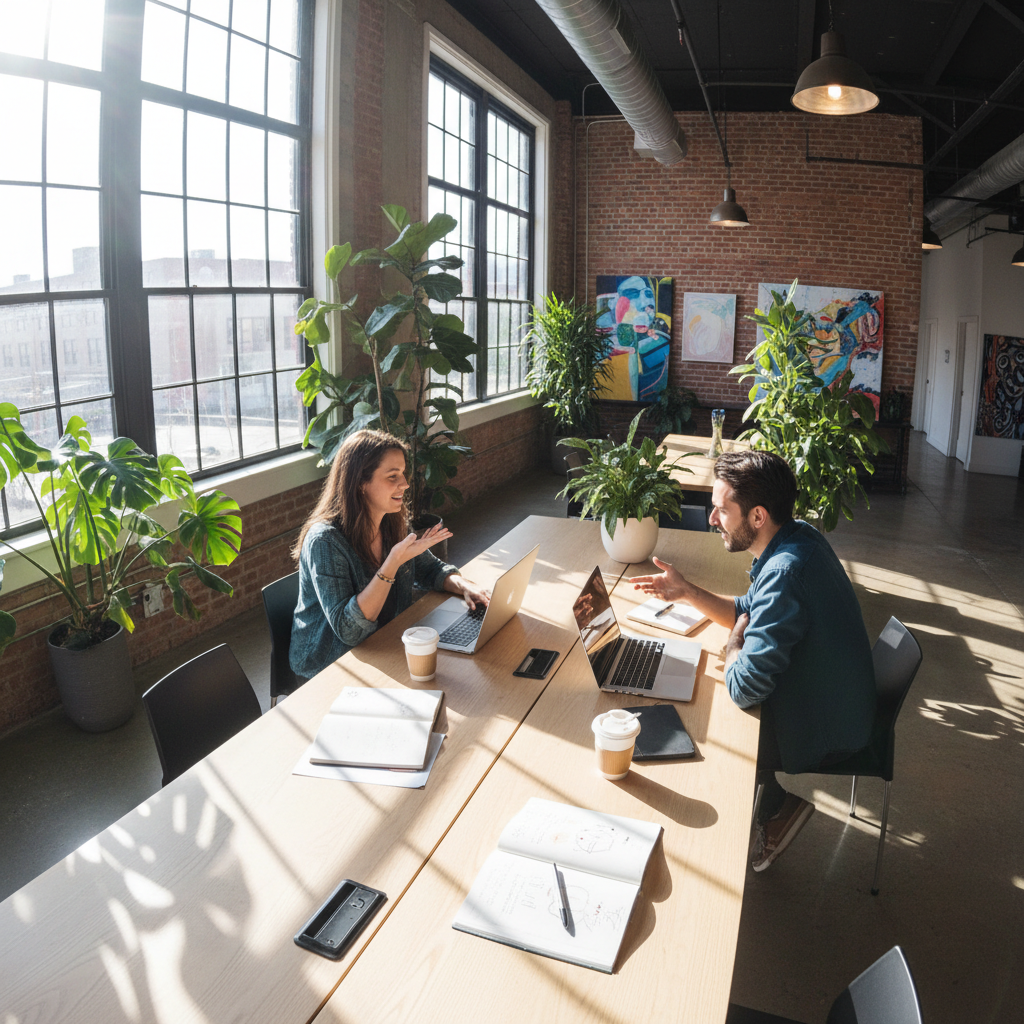 Two founders in deep conversation over laptops at a sunlit co-working table with plants and notebooks