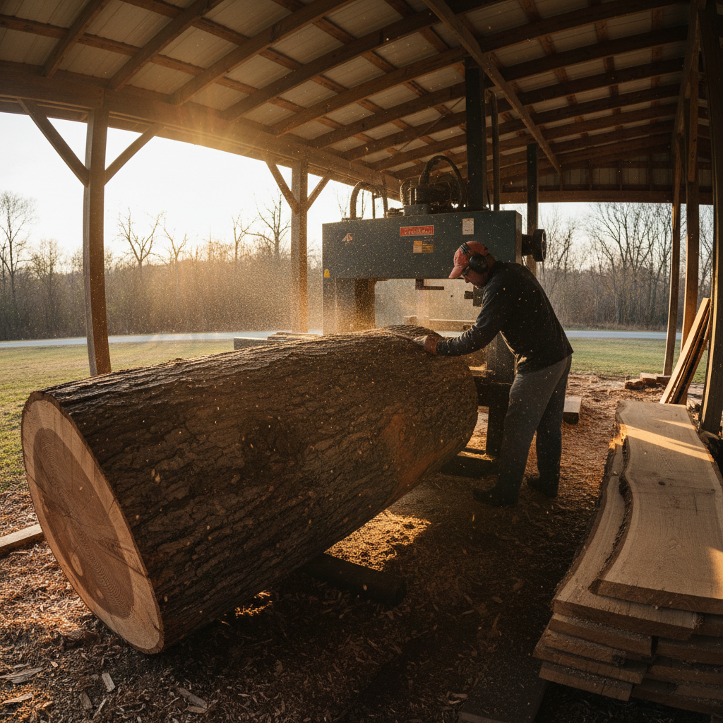 Bandsaw mill operator cutting a massive walnut log into live-edge slabs in a timber shed, sawdust hanging in a shaft of golden morning light