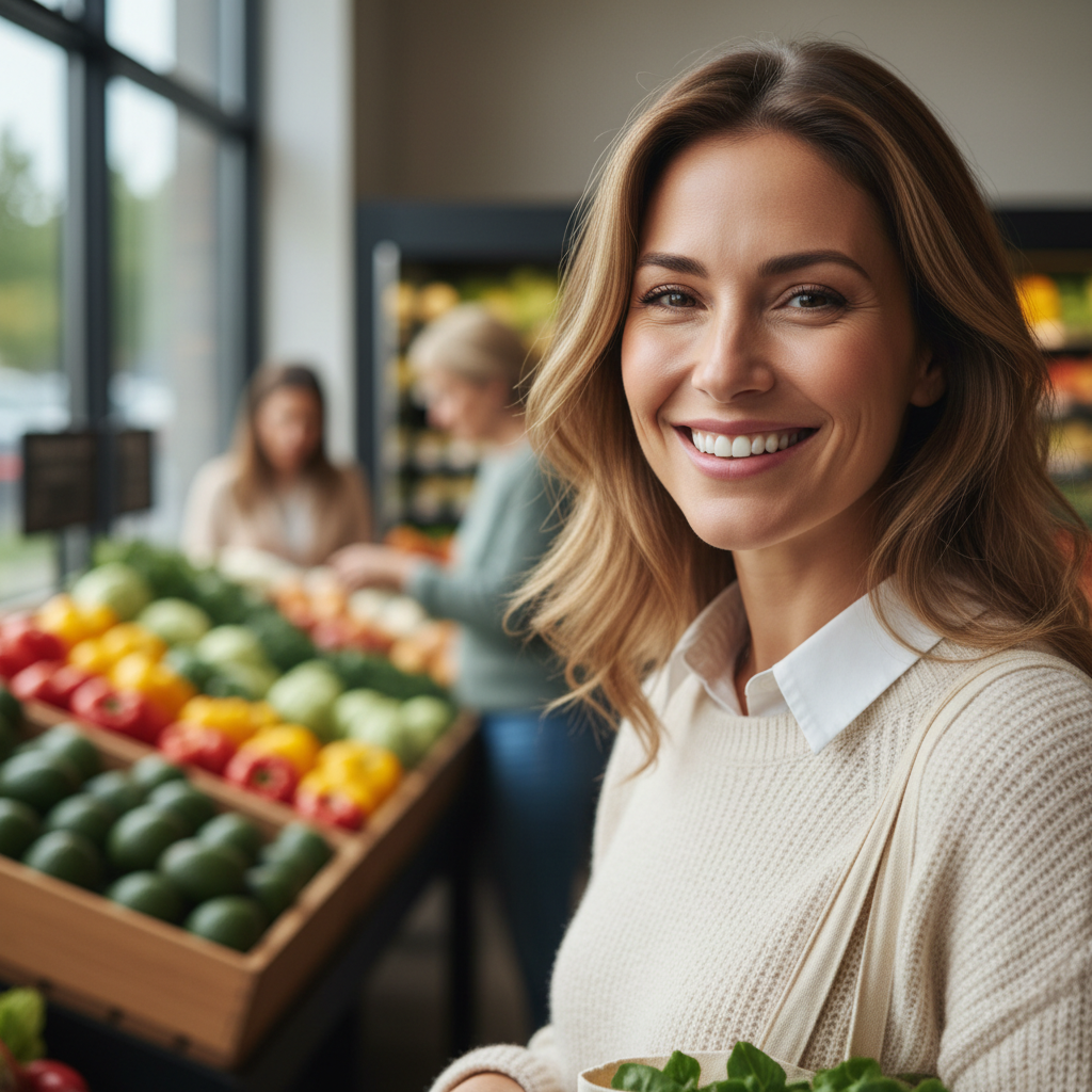 Priya Nair, category buyer at Harvest Fresh Markets in Indianapolis, smiling professionally