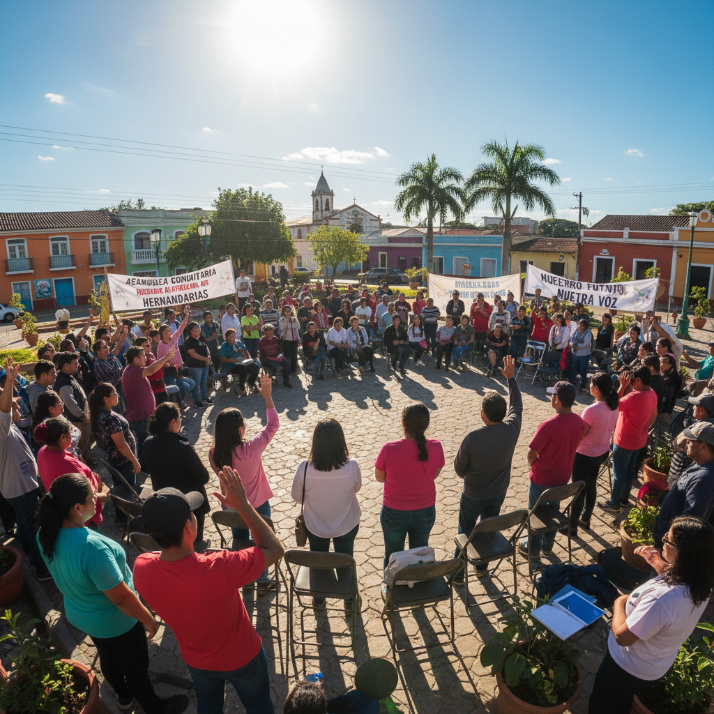 Grupo de personas reunidas en asamblea cooperativa tomando decisiones democráticas