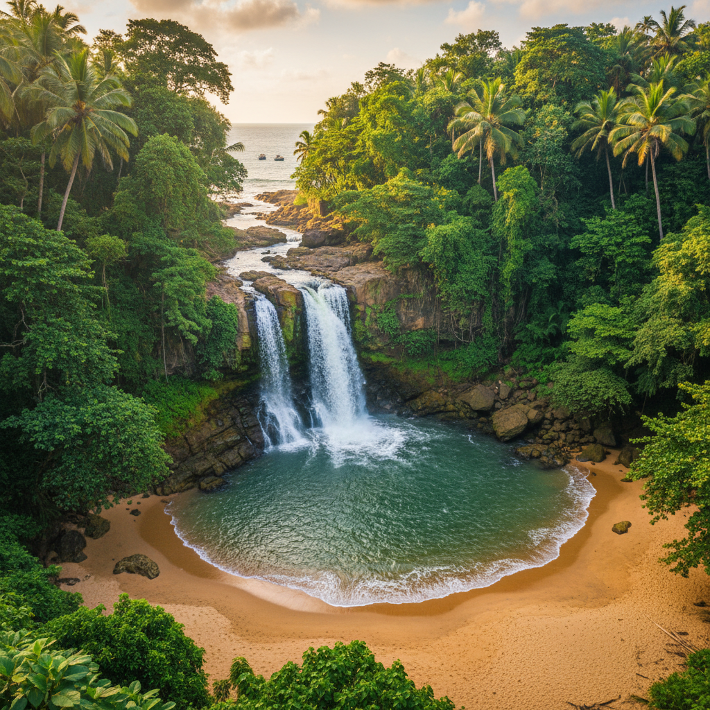 Apsarakonda Karnataka — scenic waterfall surrounded by lush green tropical forest, flowing into coastal beach
