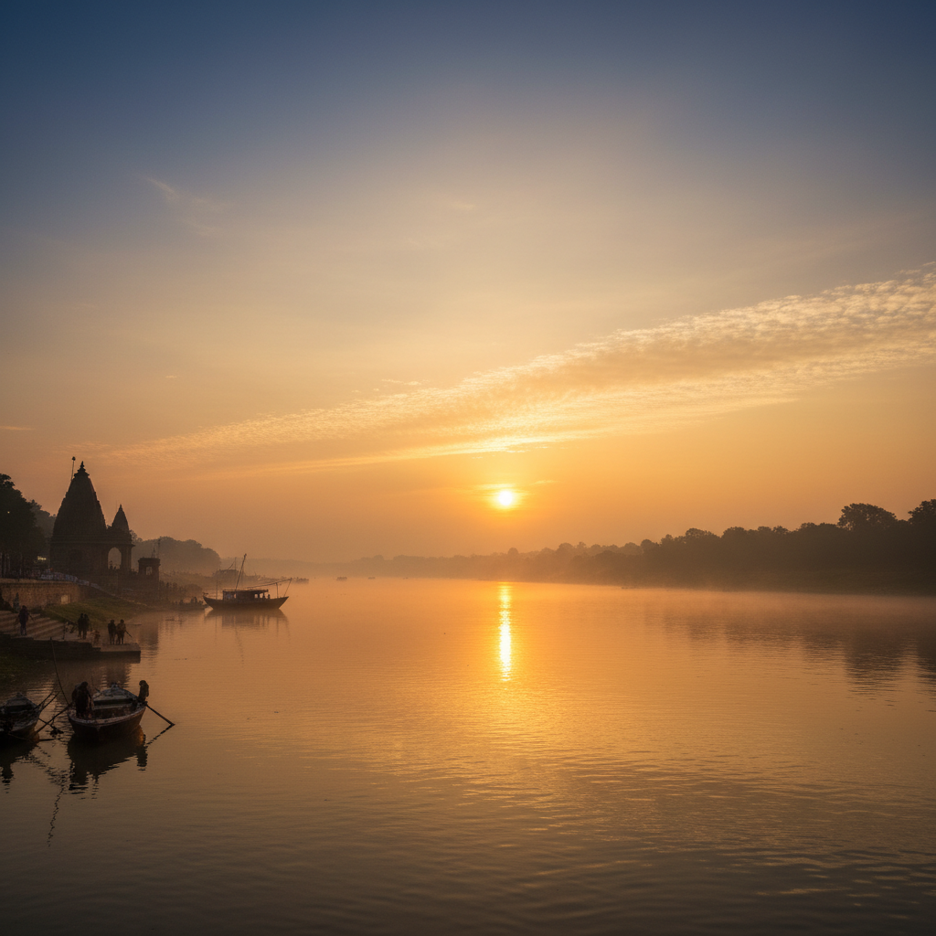 Sacred river Ganga at sunrise with golden light reflecting on water, devotees in prayer, misty atmospheric morning, deeply spiritual scene