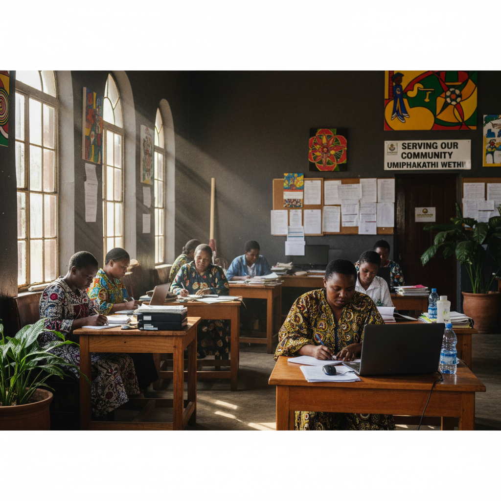 South African business professional at desk in well-lit modern office, confident expression, dark wood tones, professional setting