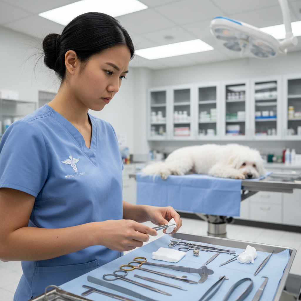 Dr. James Whitfield, licensed veterinary technician with dark hair in scrubs
