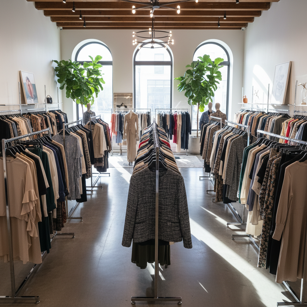 Bright airy fashion boutique with colorful clothing racks, natural light streaming through large windows, pastel-toned garments on display