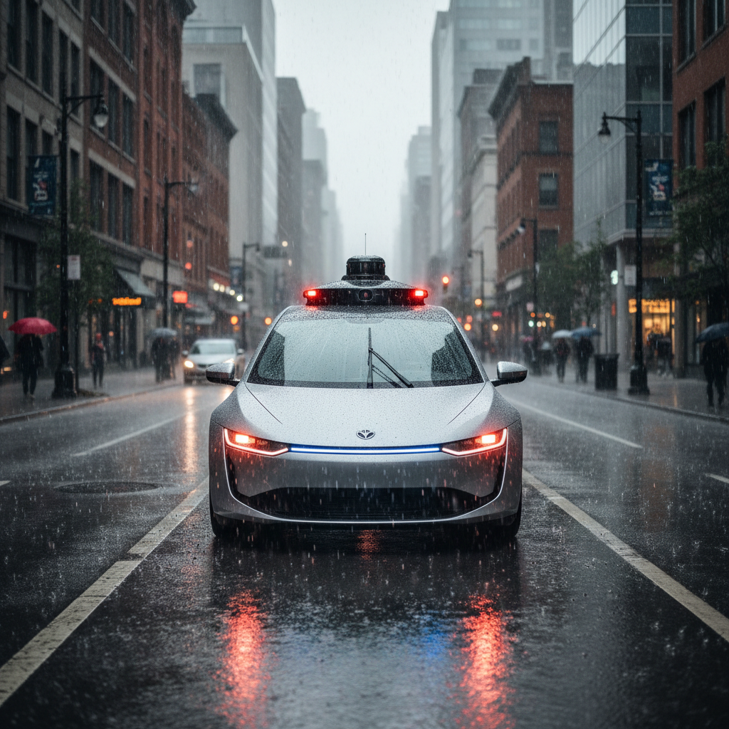 Close-up of autonomous vehicle sensor array and lidar unit mounted on test vehicle roof in low light