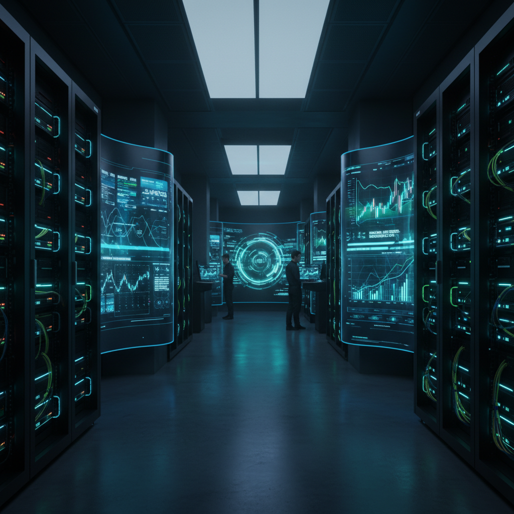 Modern banking technology environment, server infrastructure, dark atmospheric financial institution workspace