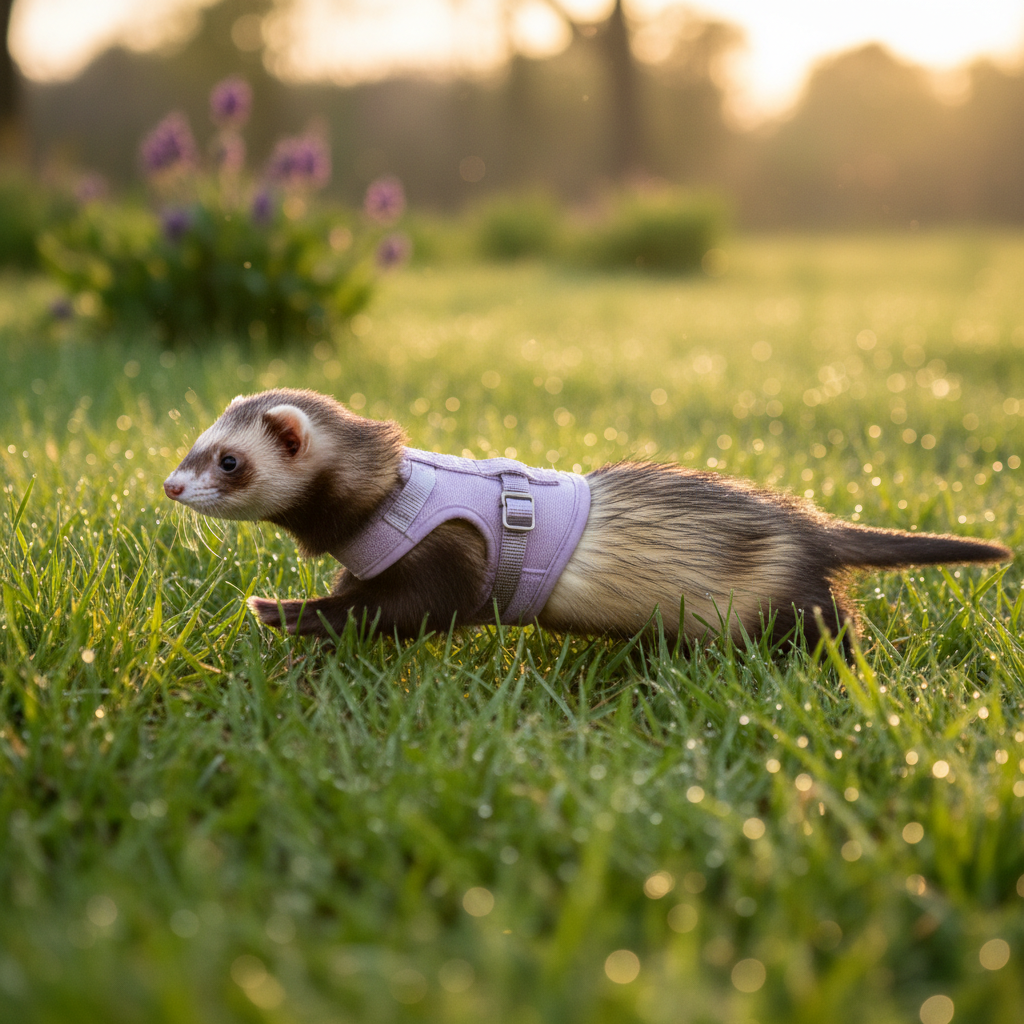 Ferret in a tiny lavender vest harness, mid-run on grass