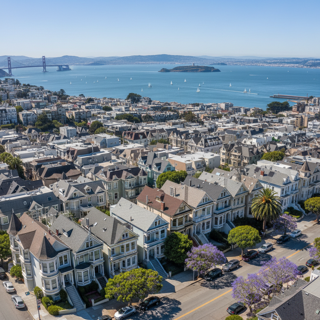 Aerial view of Pacific Heights neighborhood in San Francisco with Victorian houses and bay views