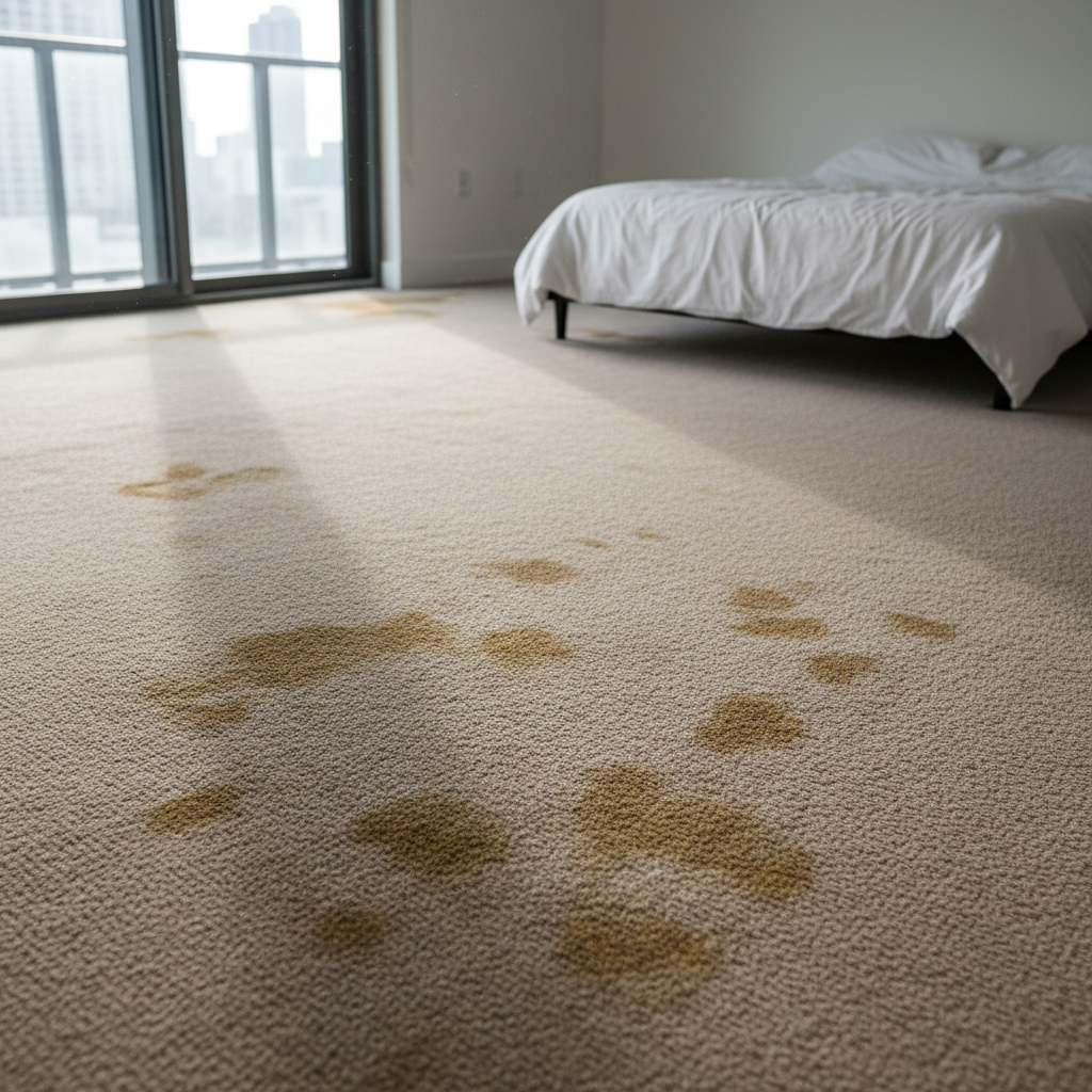 Water-damaged beige carpet in Brickell condo bedroom with visible moisture staining and discoloration