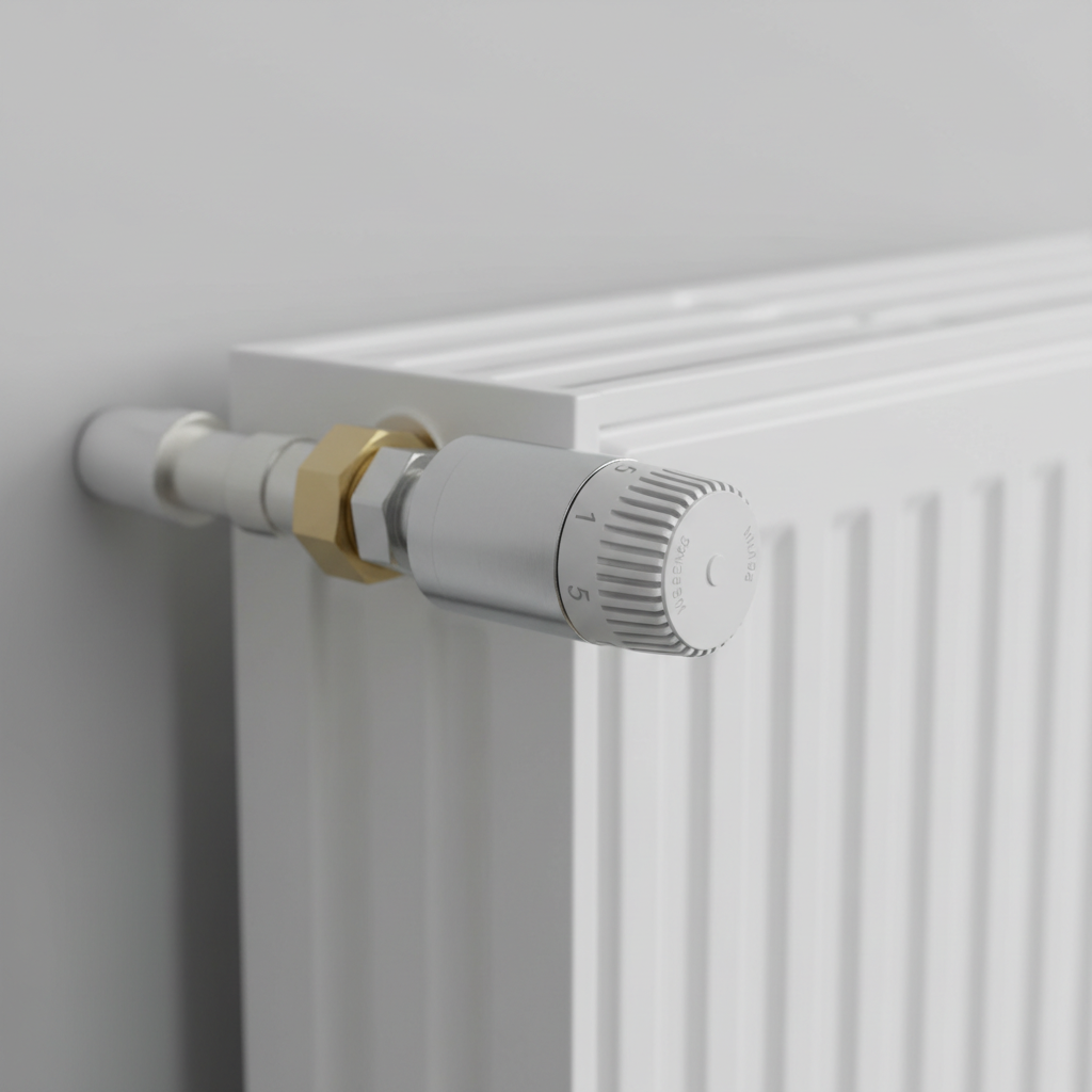 Thermostatic radiator valve on a white panel radiator in a home