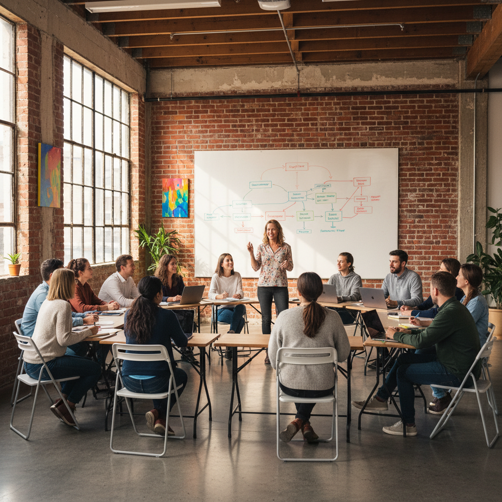 Instructor surrounded by students in a bright converted garage classroom, whiteboard with supply chain diagram behind them