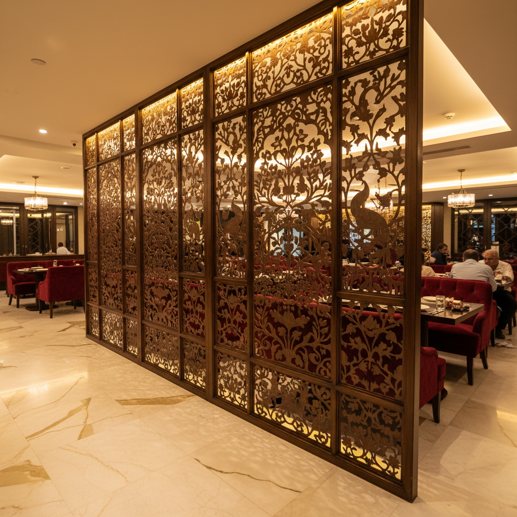 Restaurant partition with decorative CNC screen in Indian restaurant interior, ambient lighting
