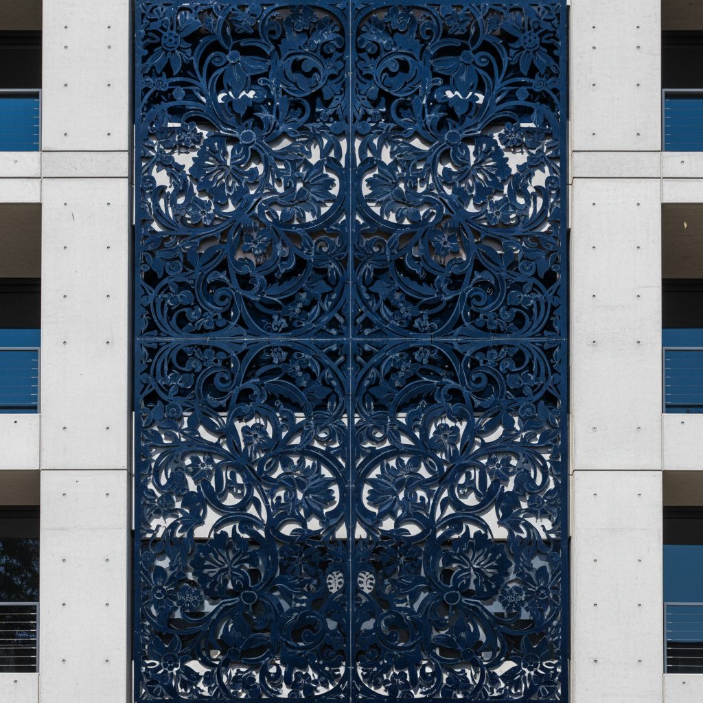 Large laser-cut steel wall sculpture with floral symmetrical pattern, powder coated in deep blue-black, architectural scale