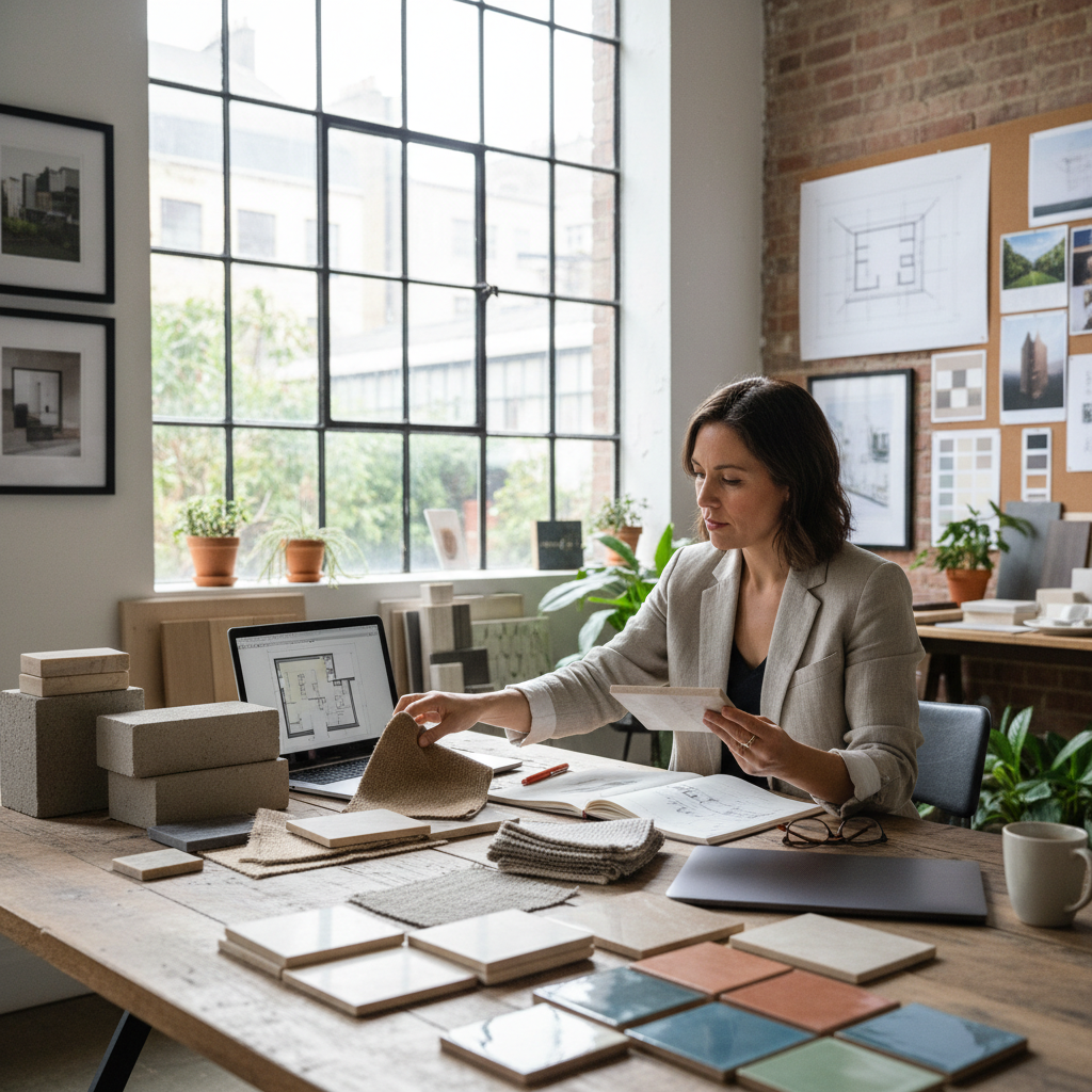Interior designer working on laptop in bright airy studio with mood boards and tile samples on light desk