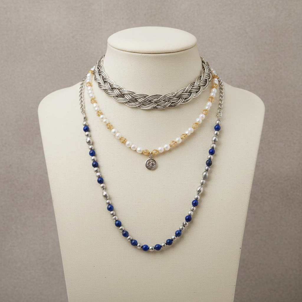 قلادات ذهبية بأطوال مختلفة معروضة بشكل أنيق على خلفية فاخرة