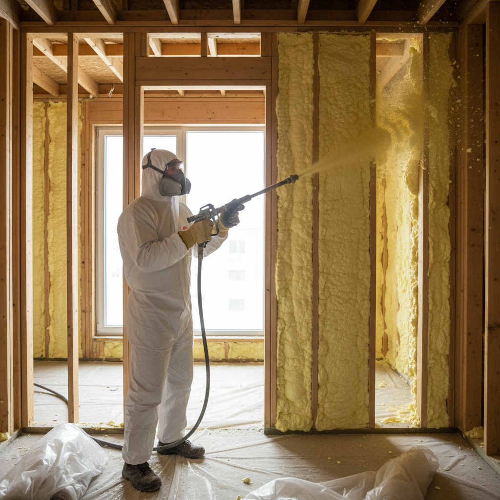 Worker in protective gear applying spray foam insulation to wall cavities