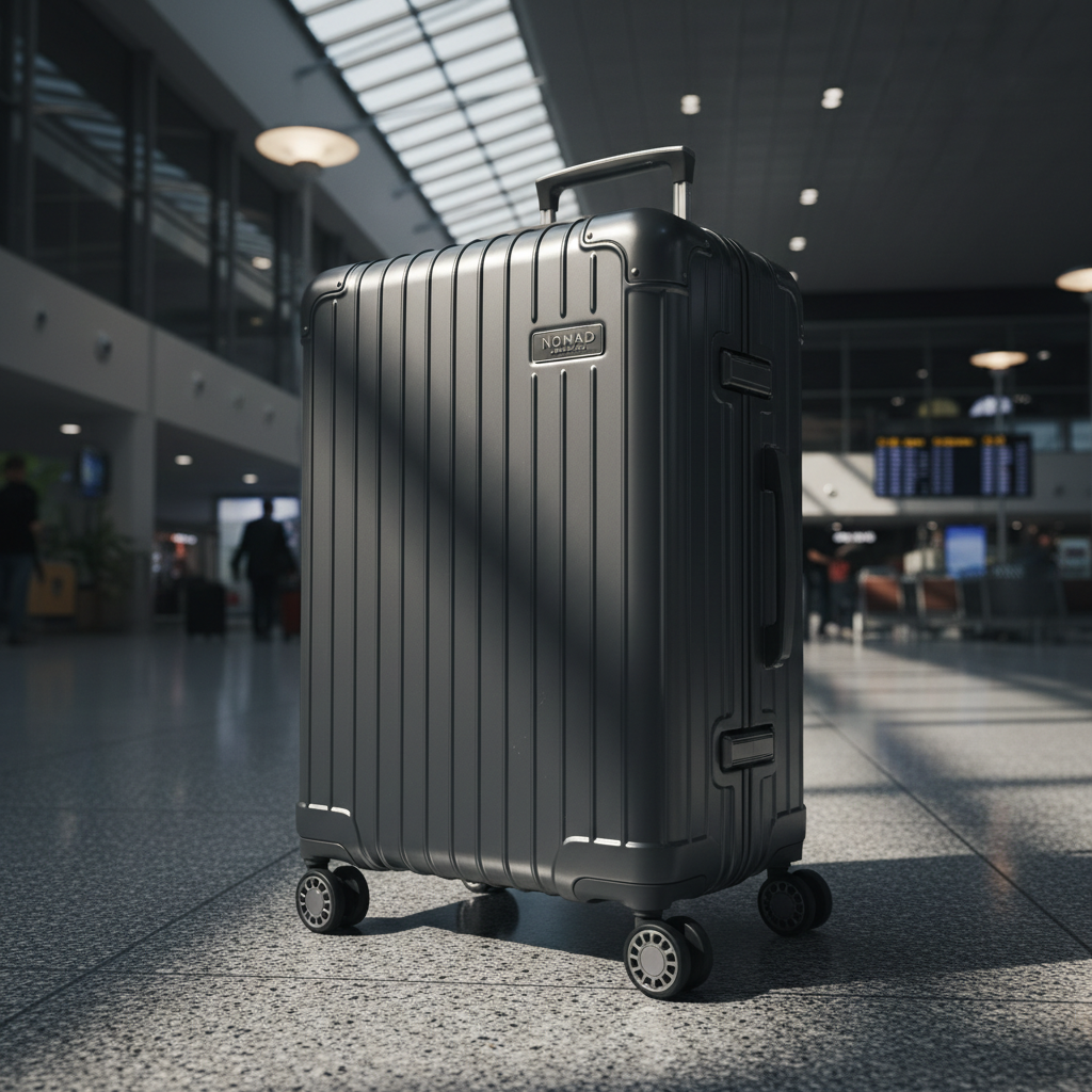 Nomad Luggage Co. product — sleek hardshell suitcase in airport terminal
