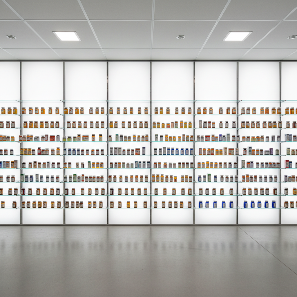 Backlit pharmacy shelving with frosted glass panels illuminating medicine bottles
