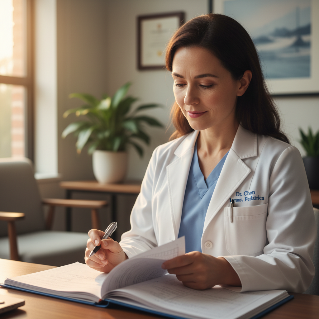 Doctor in bright clinic examining patient charts with professional attire and calm expression
