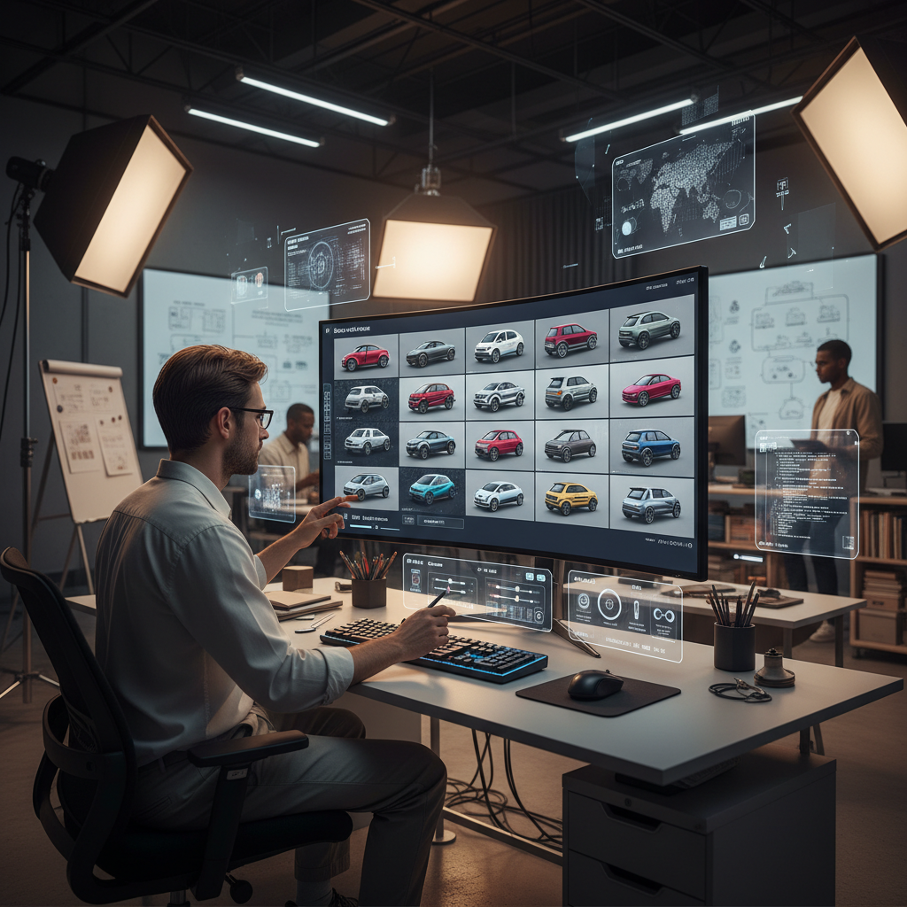 Property developer reviewing multiple AI-generated unit variation renders on large monitor