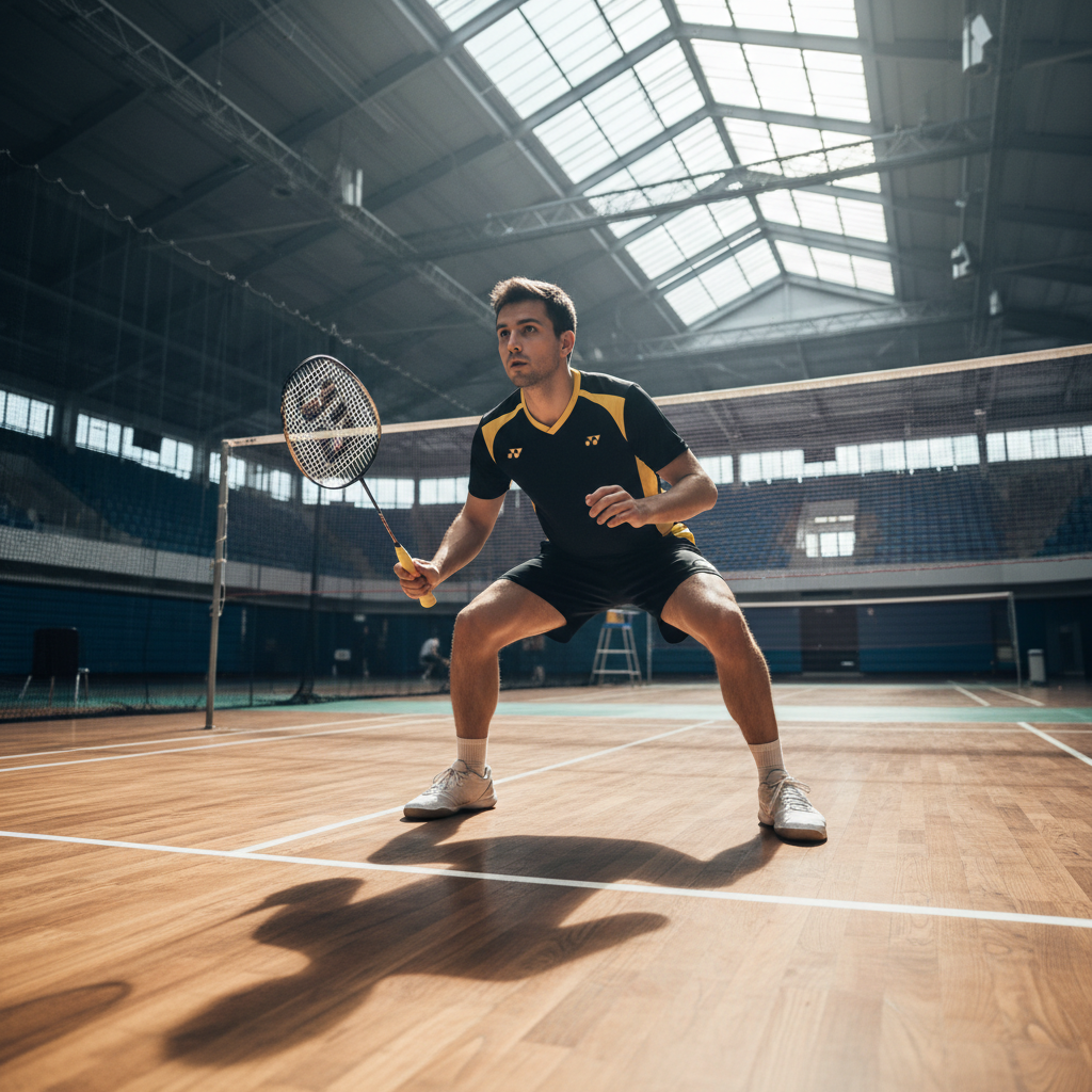 Badminton player in ready position on court, athletic stance, competitive match setting