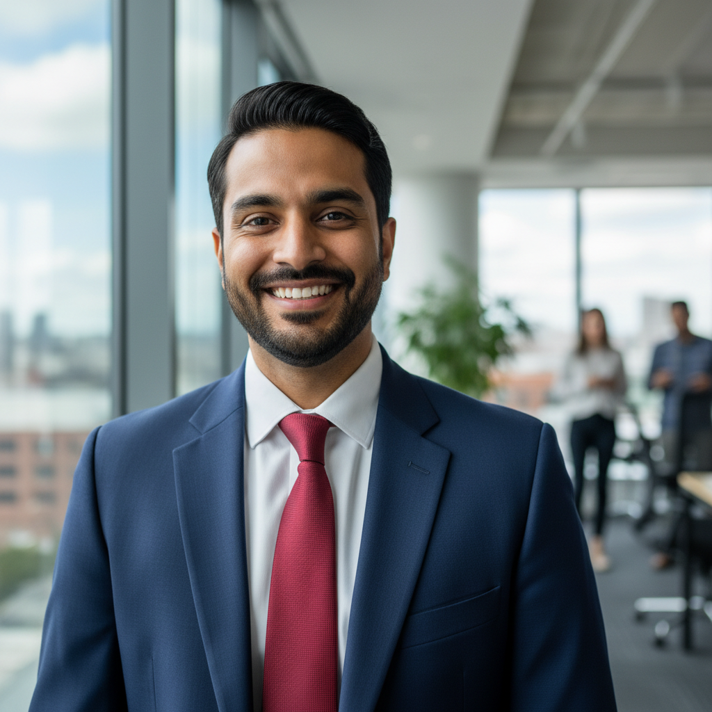 Professional Indian man in business attire smiling confidently in an office setting