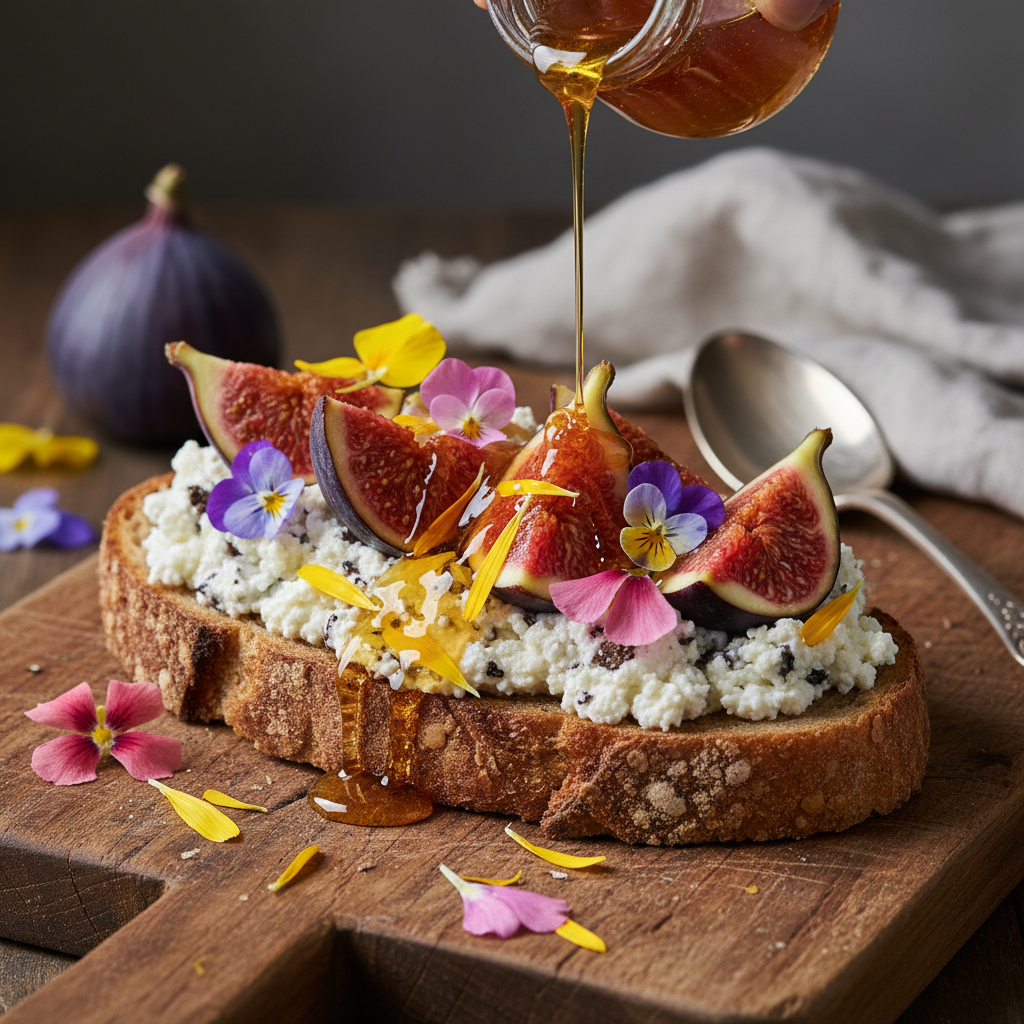 Thick toast with whipped ricotta, honey, and fresh figs