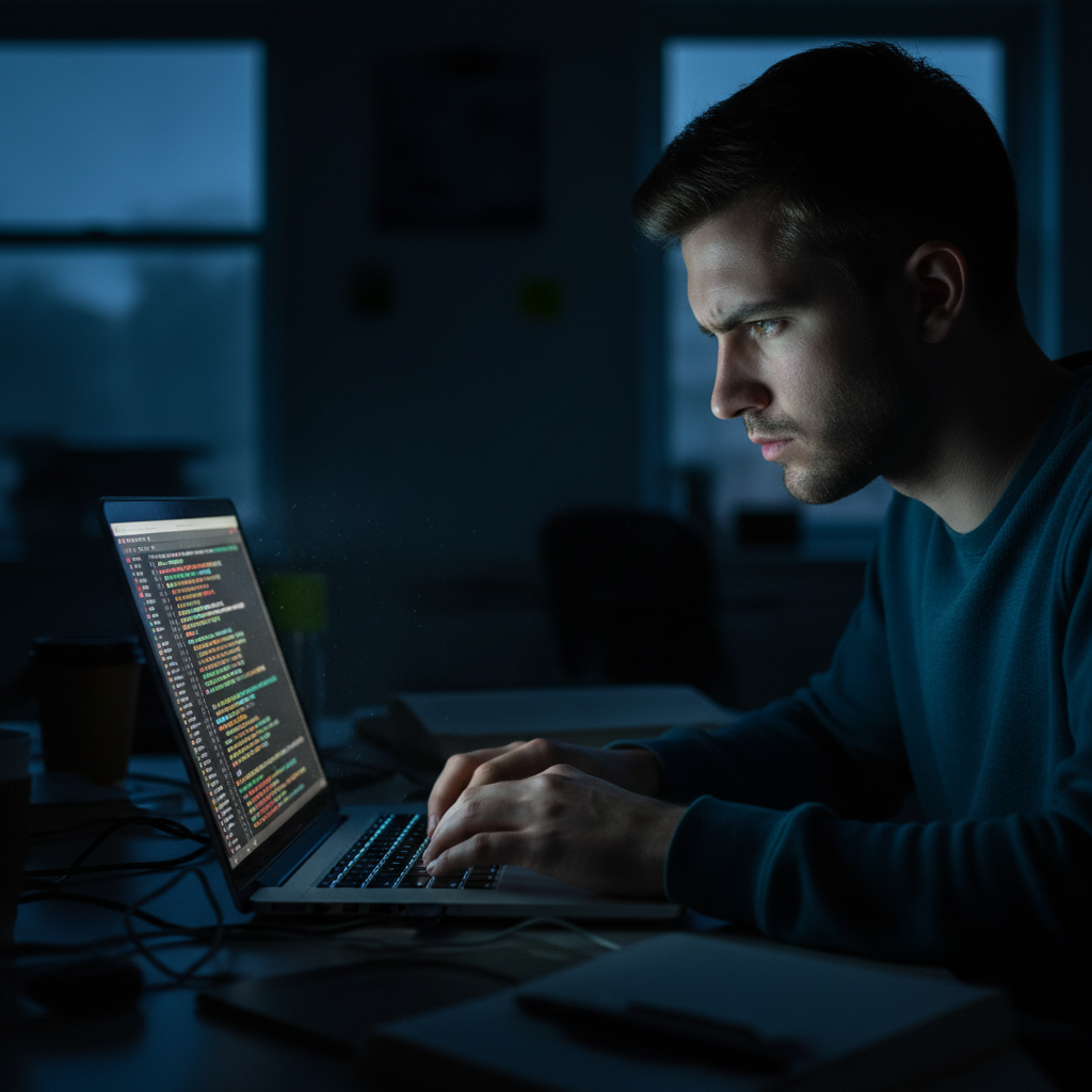 Young Eastern European man with glasses at a laptop, coding environment visible on screen