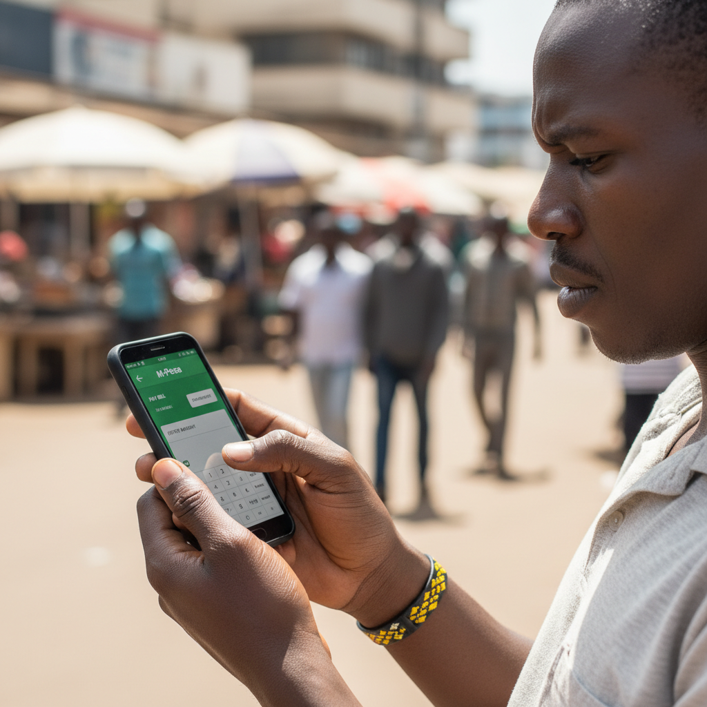 Person using smartphone outdoors in Kenya, savanna background, mobile payment concept