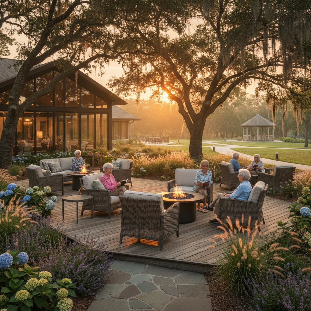 Senior living community common area at dusk