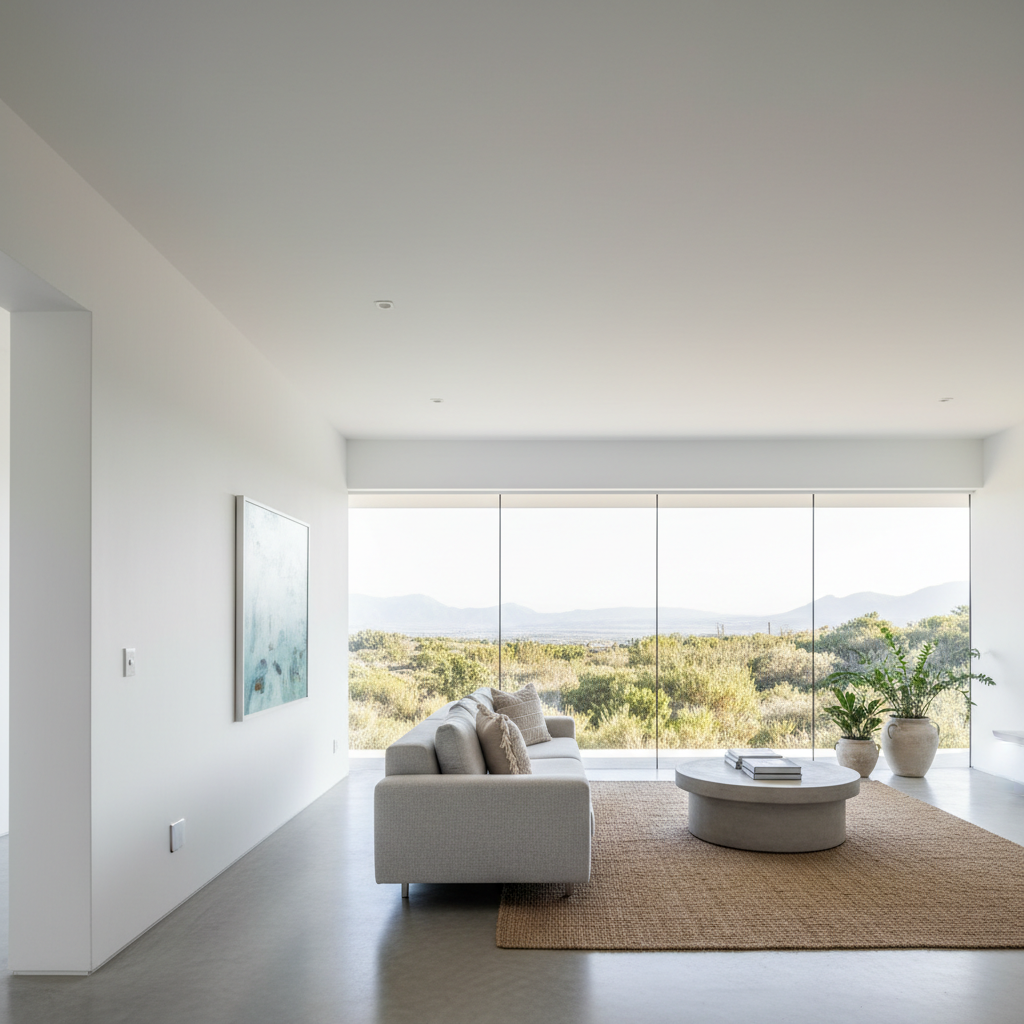 Interior living room spray-painted crisp white, smooth matte finish, bright natural light, modern South African home