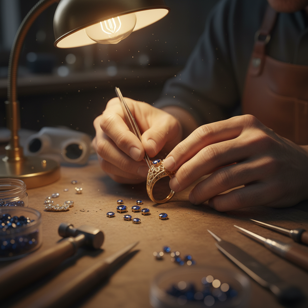 Master jeweler's hands carefully setting a diamond into a gold ring mount under bright workshop lighting