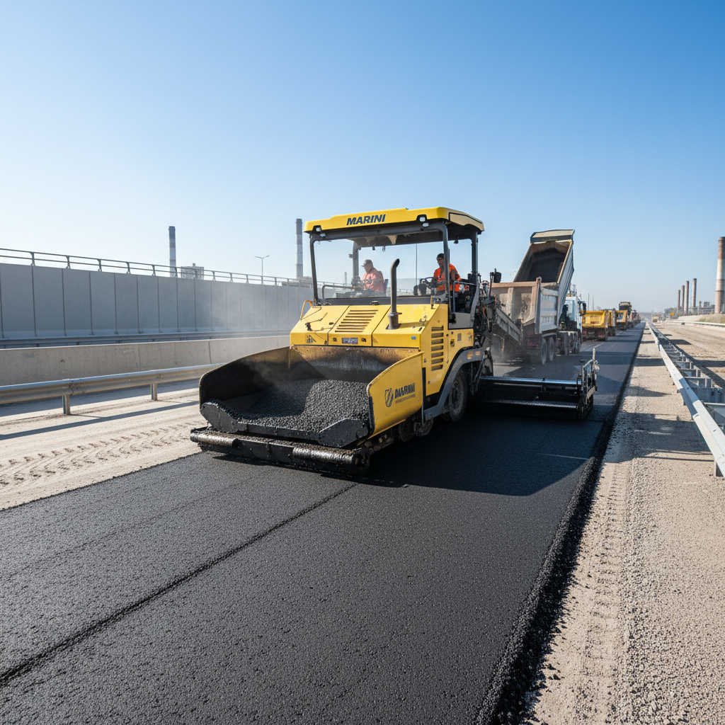 Heavy asphalt paving machine laying binder course on industrial truck lane