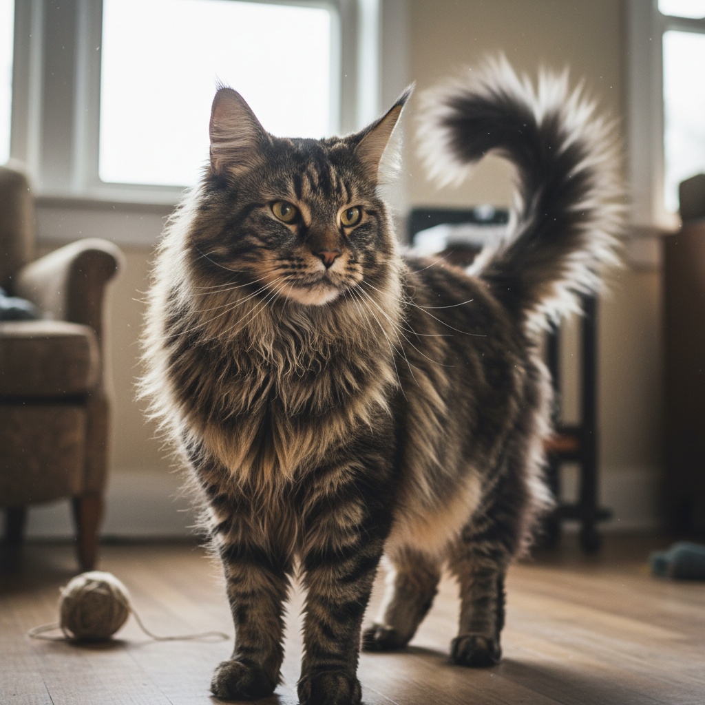 Maine Coon cat before grooming with matted, tangled fur and dull coat