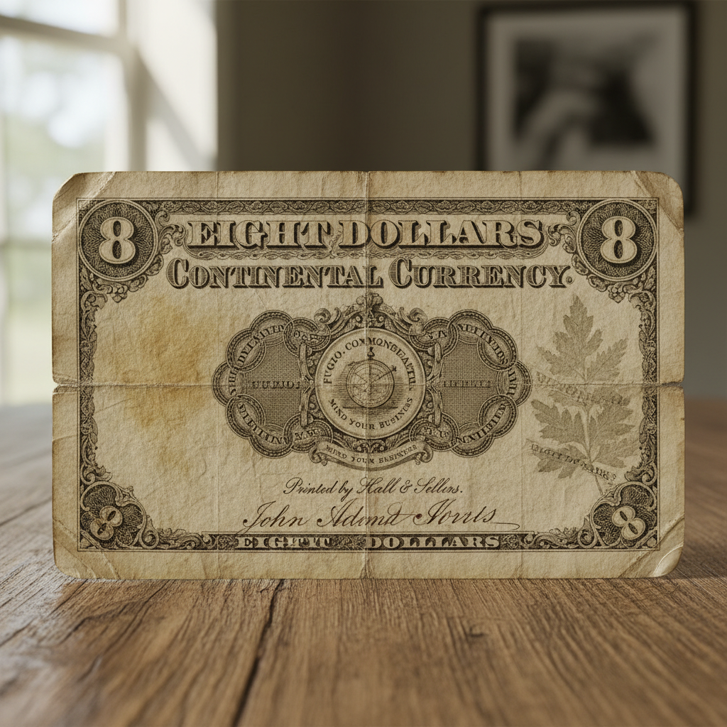Revolutionary War era Continental currency eight dollar note with hand signature on aged paper