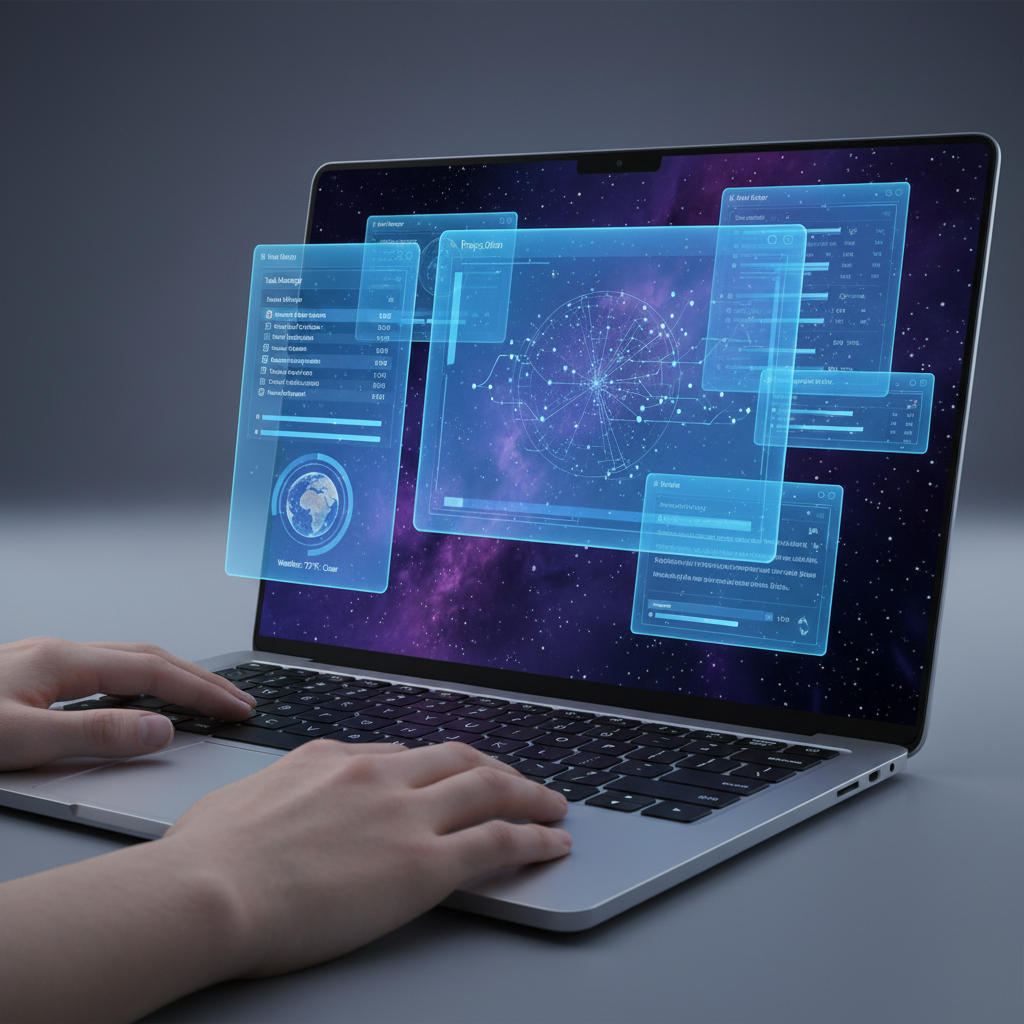 Laptop screen showing operating system interface with floating windows